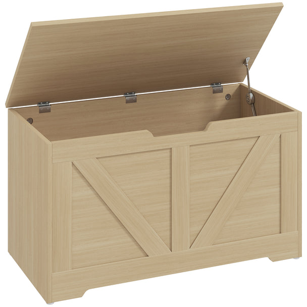 Natural wood-effect 100-litre storage chest with lid open showing safety hinge