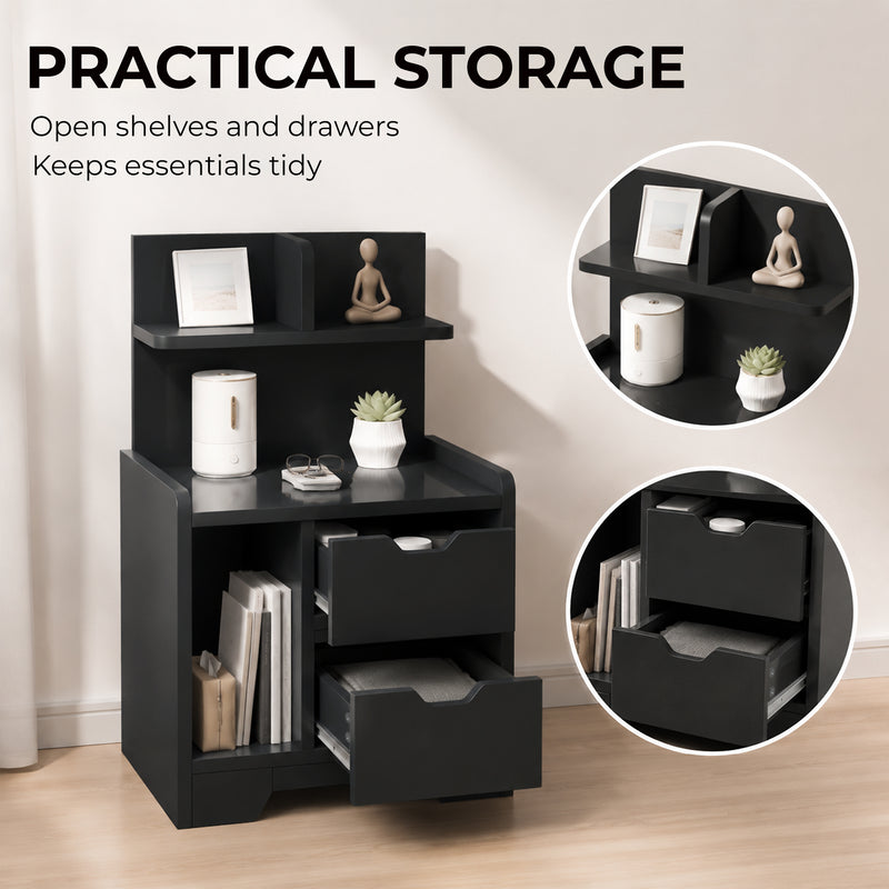 HOMCOM Bedside Table, Small Bedside Cabinet with 2 Drawers and Storage Shelves for Bedroom, Black Wood Effect – view 5