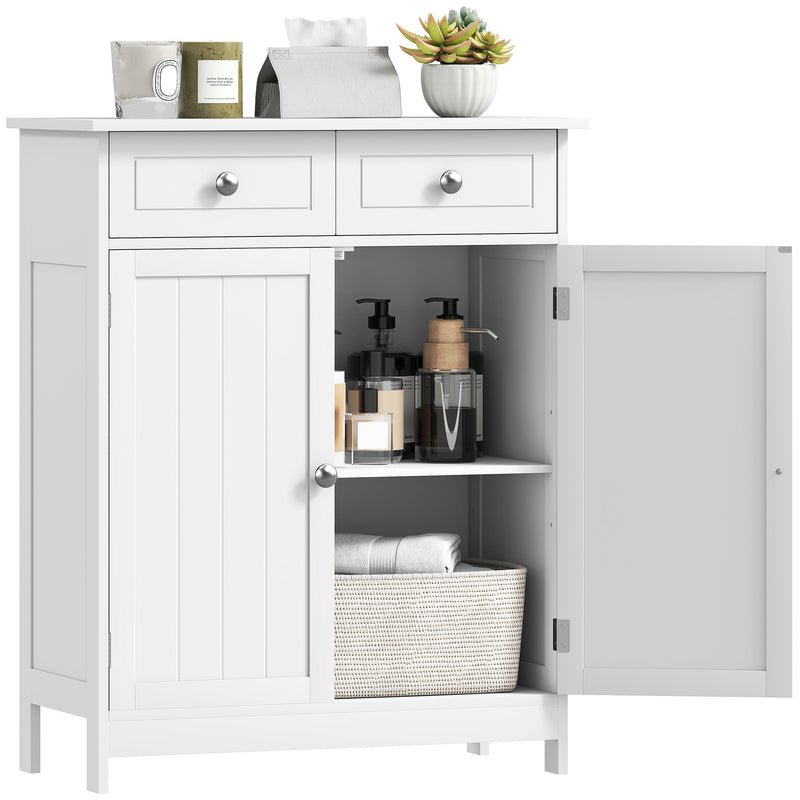 White traditional freestanding bathroom storage cabinet with two drawers, cupboard and metal handles