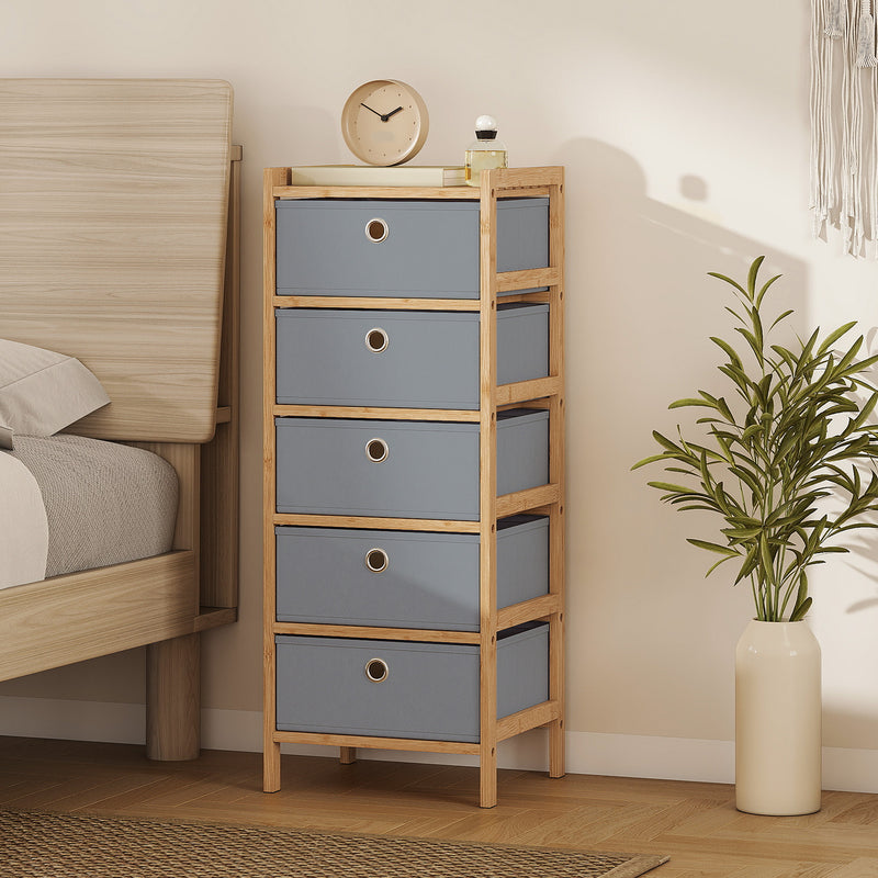 HOMCOM Chest of Drawers, 5 Fabric Drawers Narrow Dresser with Bamboo Frame, Light Grey – view 10