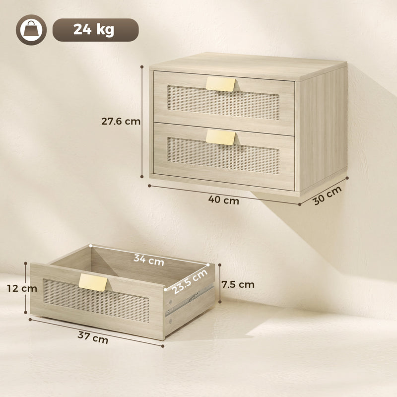HOMCOM Modern Floating Nightstands Set of 2, Wall Mounted Bedside Tables with 2 Drawers, Oak – view 3