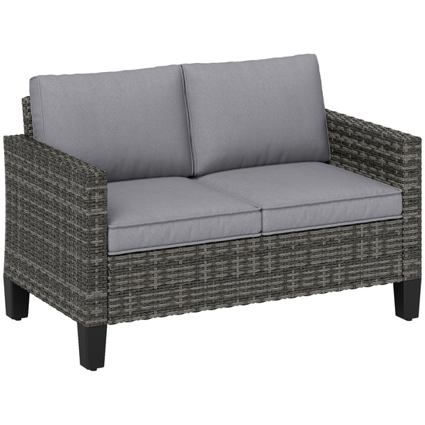Two-seater light grey rattan garden sofa with dark grey cushions