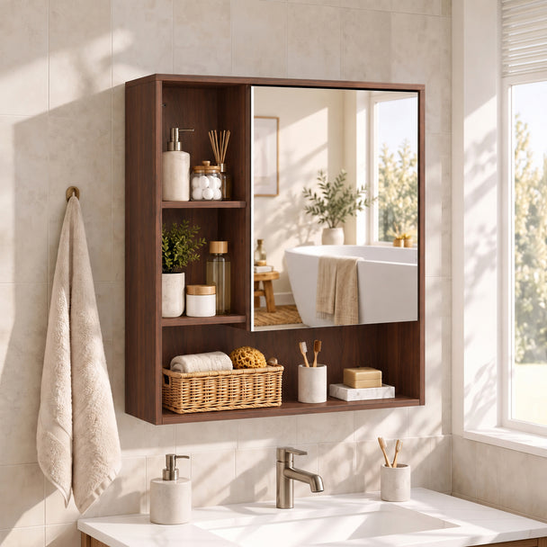 HOMCOM Bathroom Mirror Cabinet, Wall-Mounted Bathroom Cabinet with Mirror Door, Adjustable Shelves, Walnut Brown – view 2