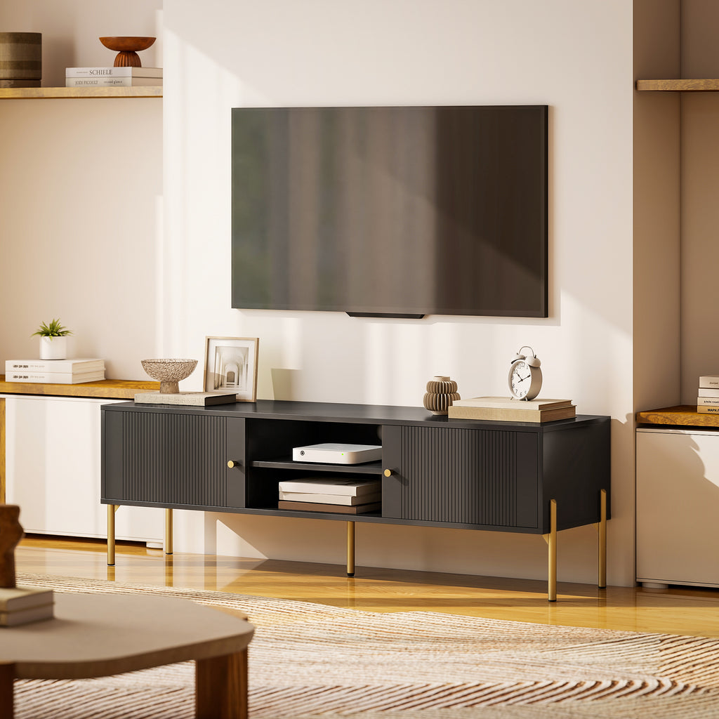 TV Stand for TVs up to 65", Entertainment Center with 2 Open Shelves, 2 Cabinets and Steel Legs for Living Room, Black