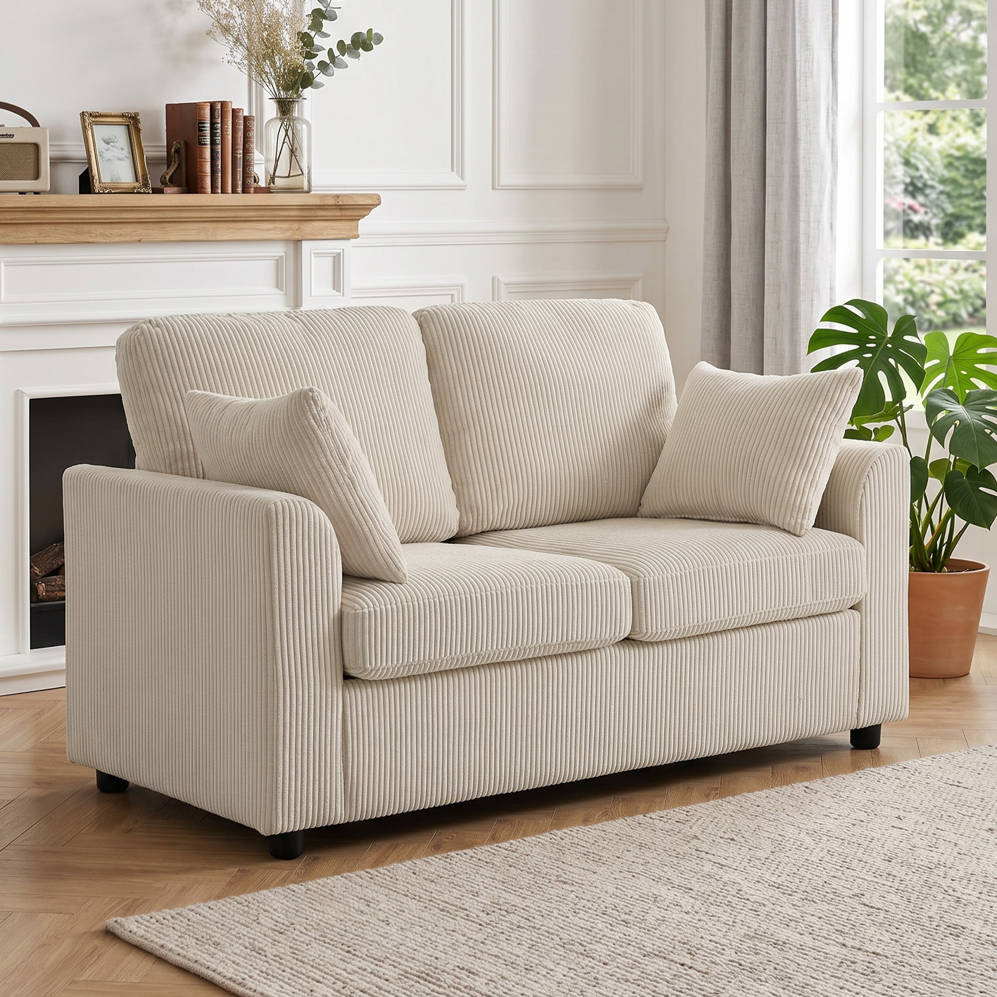 2 Seater Sofa, Corduroy Small Couch with Spring Cushion, Wide and Deep Seat, Beige