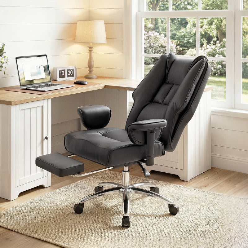 HOMCOM Executive Office Chair, Reclining Desk Chair with Footrest, Adjustable Armrests, Pet Friendly Faux Leather, Black – view 2