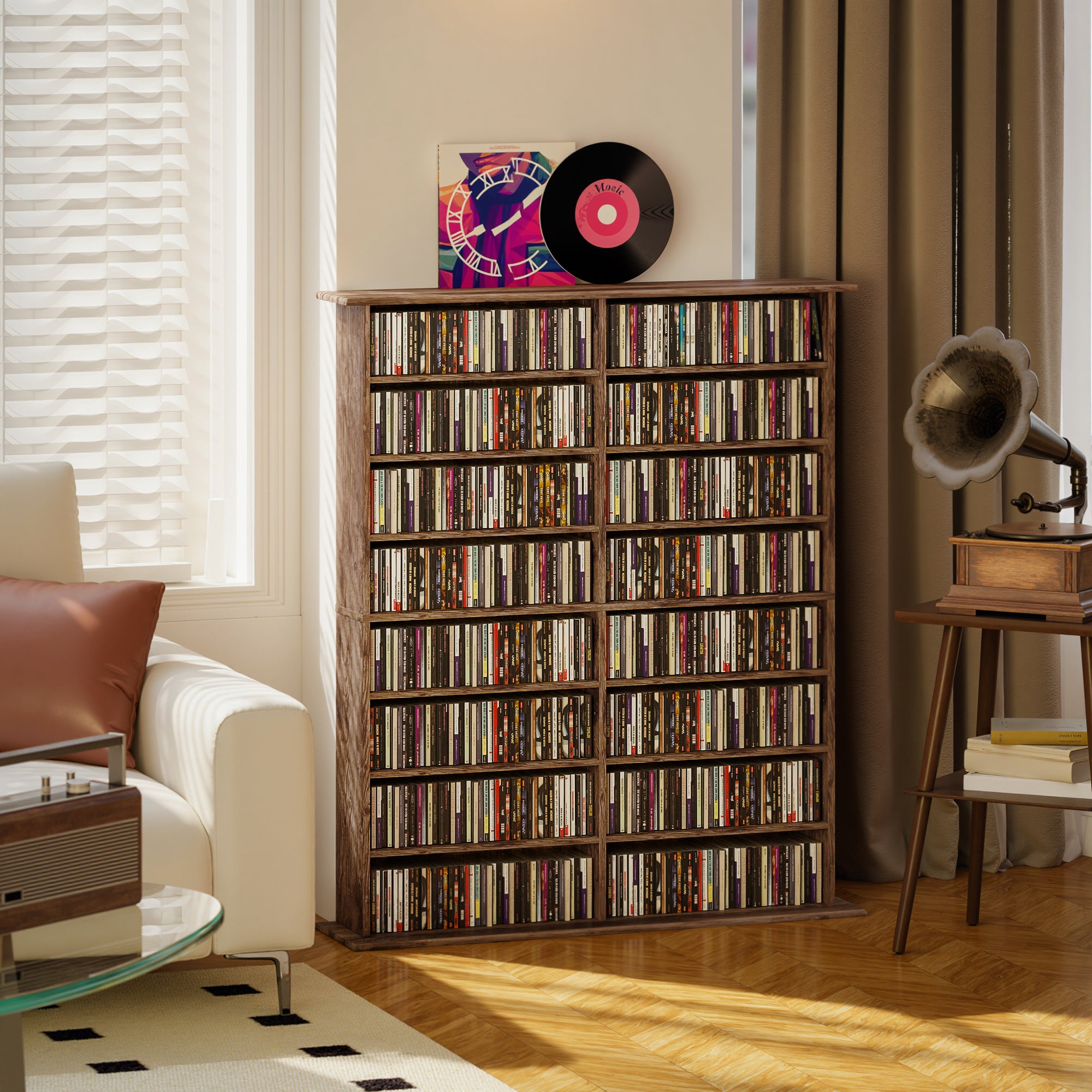 16-Compartment Media Shelf - Rustic Brown