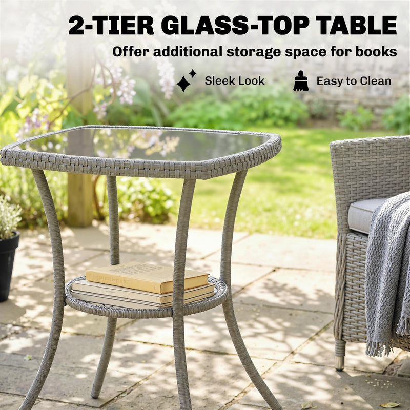 Outsunny 3 Piece Rattan Bistro Set, PE Wicker Garden Furniture Conversation Set with 2 Tier Glass-Top Table, Chairs – view 6