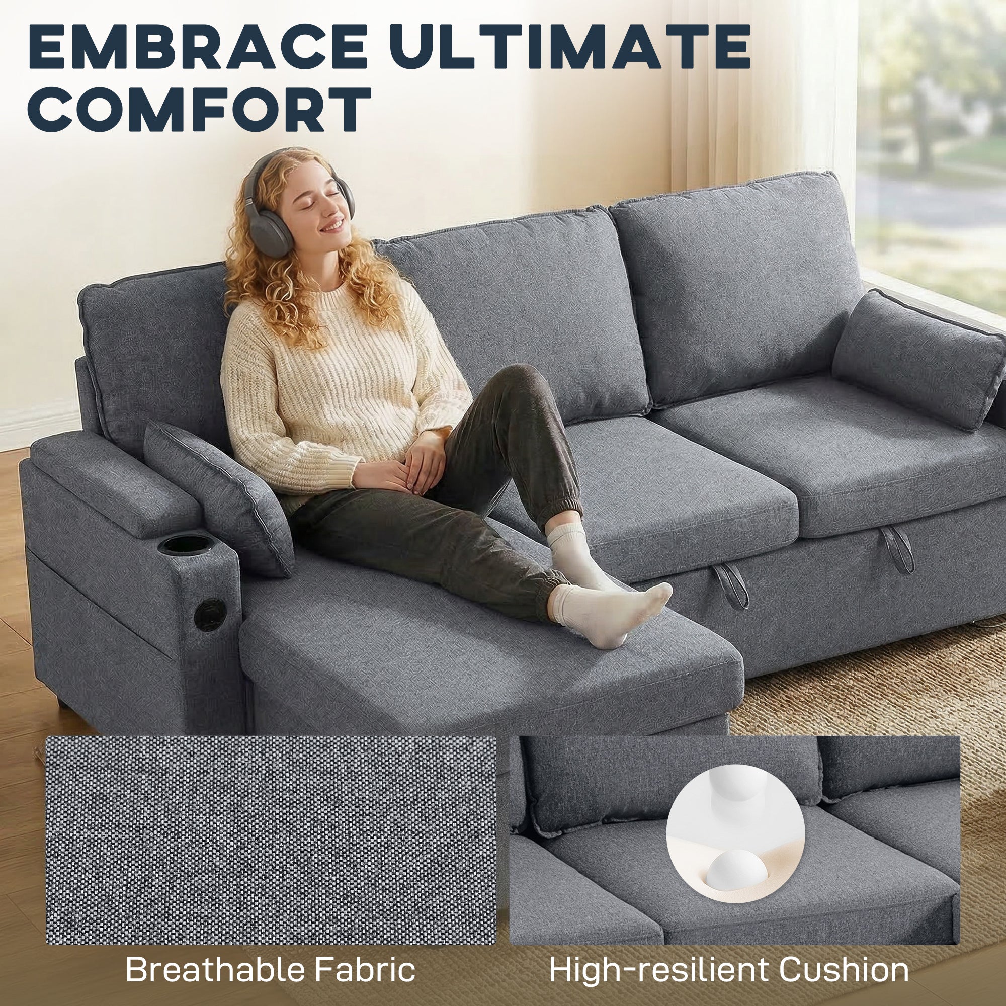 Corner Sofa Bed, L Shaped Sleeper Sectional Sofa with Reversible Storage Chaise, Grey