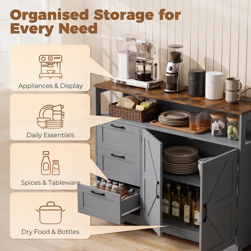 HOMCOM Sideboard Cabinet with Power Outlet, Farmhouse Kitchen Cabinet with 3 Drawers and Open Shelf, Grey – view 5