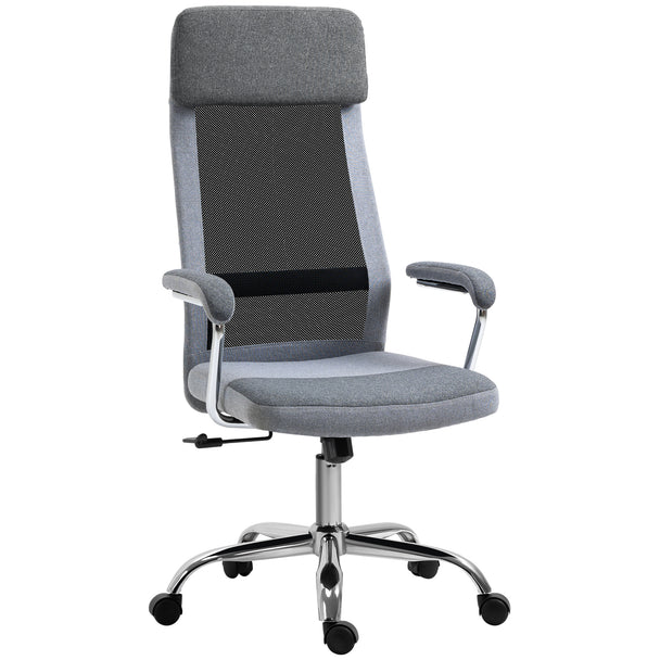 Grey ergonomic high-back office chair with black mesh back, linen-feel seat and chrome base