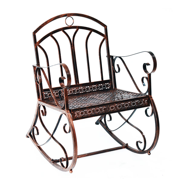 Bronze red vintage-style metal single rocking chair with decorative back and armrests