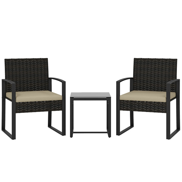 3-piece brown rattan bistro set with two khaki cushioned armchairs and a square glass top table
