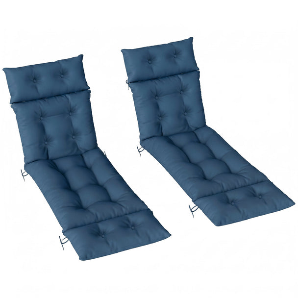 Two navy blue 190 x 56 cm sun lounger cushions with ties on garden loungers