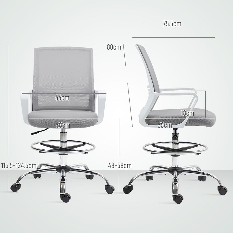 HOMCOM Draughtsman Chair, Mesh Drafting Chair, Ergonomic Office Chair with Lumbar Support, Adjustable Foot Ring, Grey – view 3
