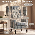 Faux Linen Armchair with Thick Spring Cushion, Wingback Accent Chair with High Back, Solid Wood Legs, Mixed Plaid