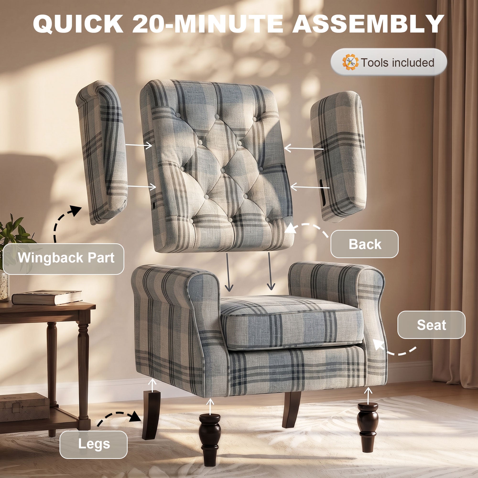 Faux Linen Armchair with Thick Spring Cushion, Wingback Accent Chair with High Back, Solid Wood Legs, Mixed Plaid
