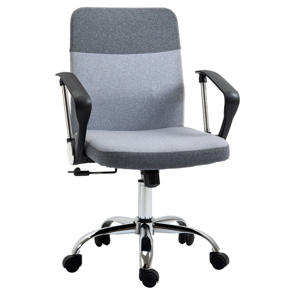 Grey linen-look swivel office chair with padded armrests and five-wheel base
