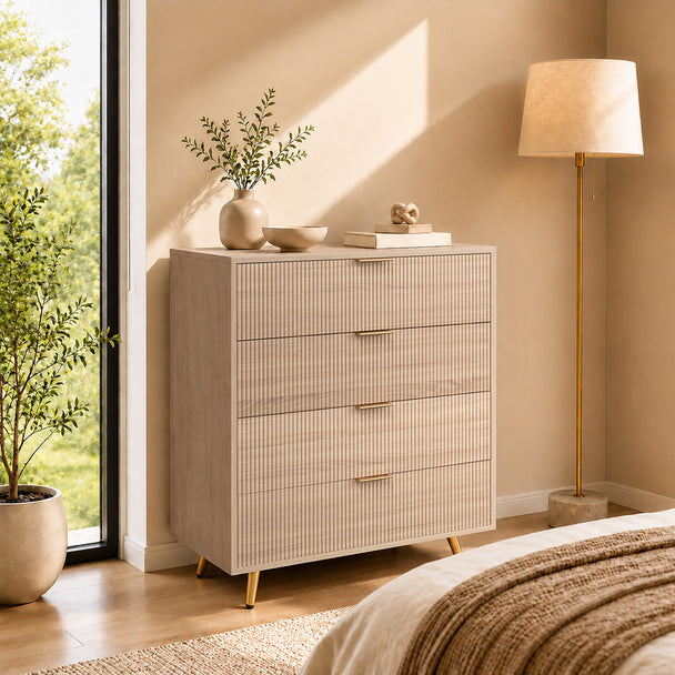 HOMCOM Bedroom Chest of Drawers with 4 Drawers, Fluted Dresser with Gold Tone Handles, Storage Cabinet, Natural – view 2