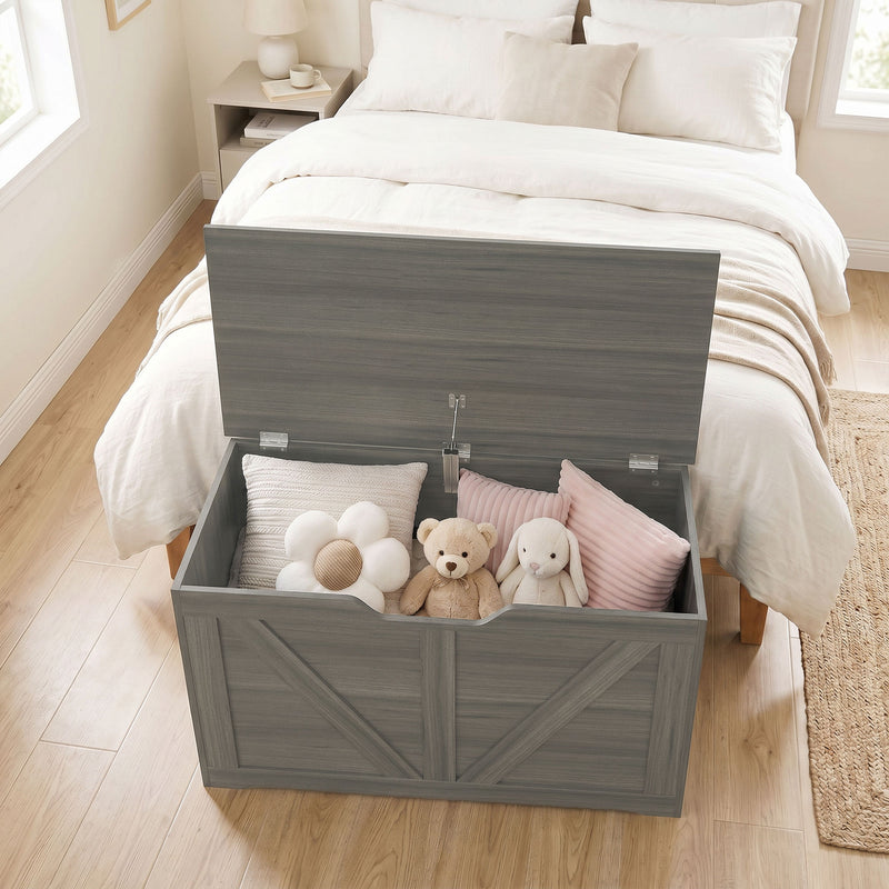 HOMCOM 100L Home Storage Box, with Safety Hinge - Dark Grey Wood-Effect – view 9