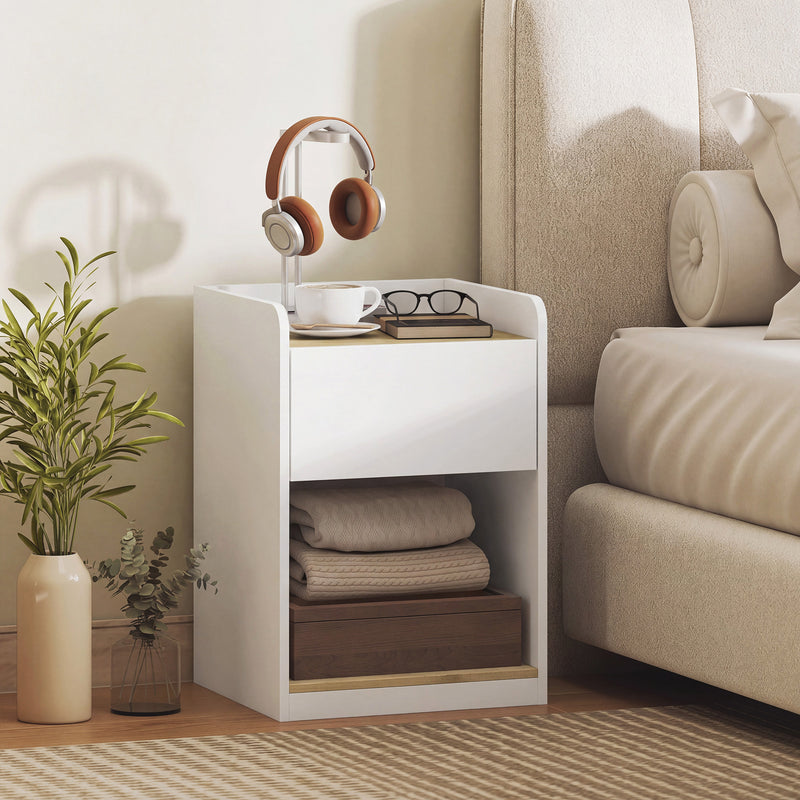 HOMCOM Modern Bedside Table, Slim Nightstand with Drawer, Shelf and Cable Holes, White and Oak – view 2