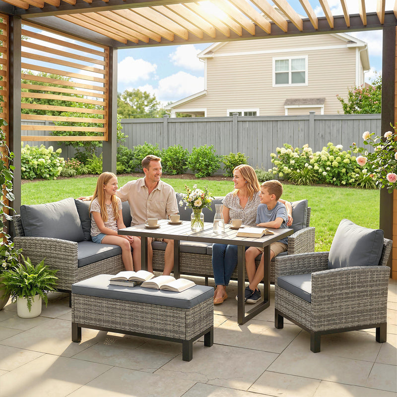Outsunny 9 Seater Rattan Garden Furniture Corner Sofa Set, Outdoor Dining Set with Faux Wood Table, Ottoman, Cushions – view 9