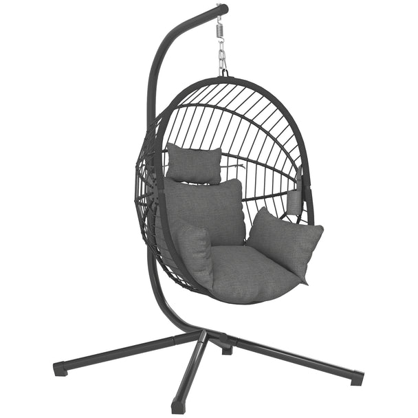 Grey hanging egg chair with black steel stand, full-body padded cushion and cup holder