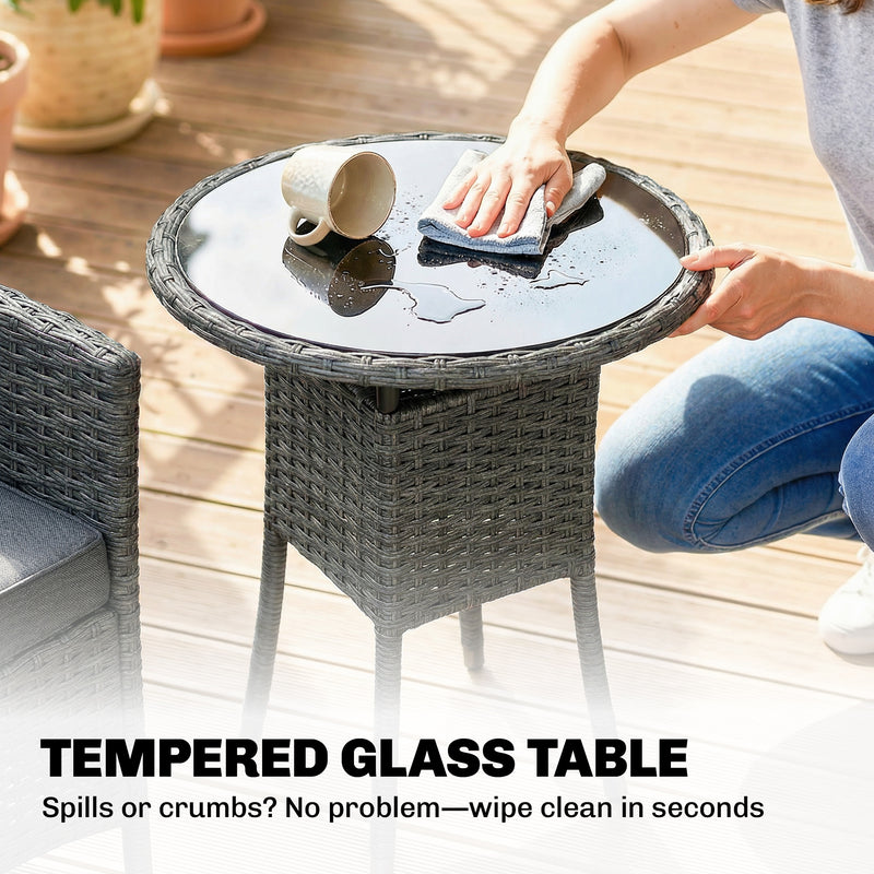 Outsunny Rattan Bistro Set, Reclining Garden Chairs and Glass Coffee Table with Cushions for Patio Balcony Porch, Grey – view 8