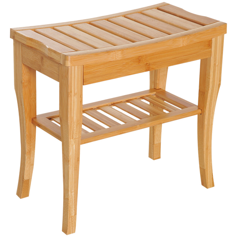 Natural wood 2-tier slatted shower bench with lower storage shelf