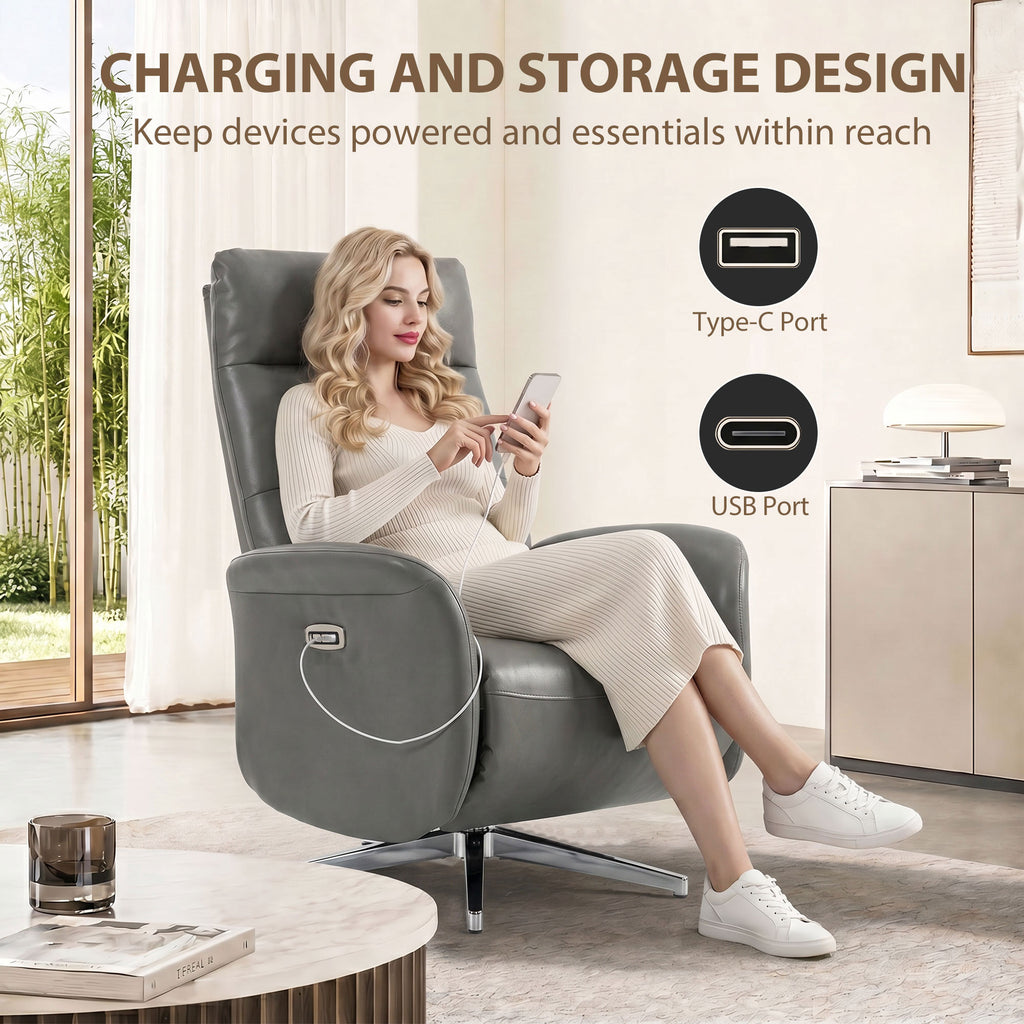 Power Recliner Chair, Swivel Electric Reclining Chair with Type C+USB, Recliner Armchair with Footrest, Dark Grey