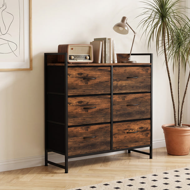 HOMCOM Rustic Chest of Six Fabric Drawers - Rustic Brown – view 2