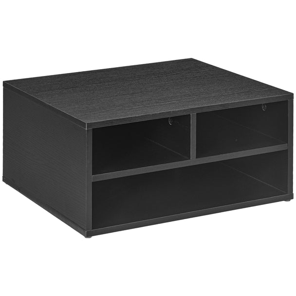 Black desktop printer stand with three open storage compartments