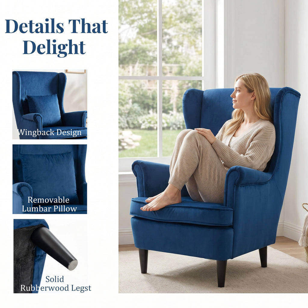 Modern Accent Chair with High Backrest and Pillow, Velvet-Feel Fabric Reading Chair with Solid Wood Legs, Blue