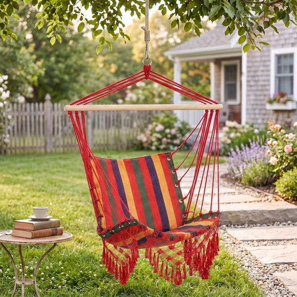 Outsunny Hammock Chair Swing Colourful Striped Tree Hanging Seat Porch Indoor Outdoor Fabric Garden Furniture – view 2