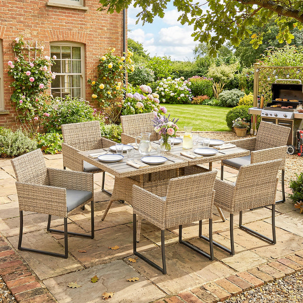 Outsunny 7 Piece Rattan Garden Furniture Set, Garden Dining Set with Wood-Plastic Table and 6 Stackable Chairs, Dark – view 2