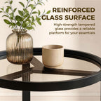 Round Side Table with Tempered Glass Top and Geometric Metal Frame for Small Space, Black