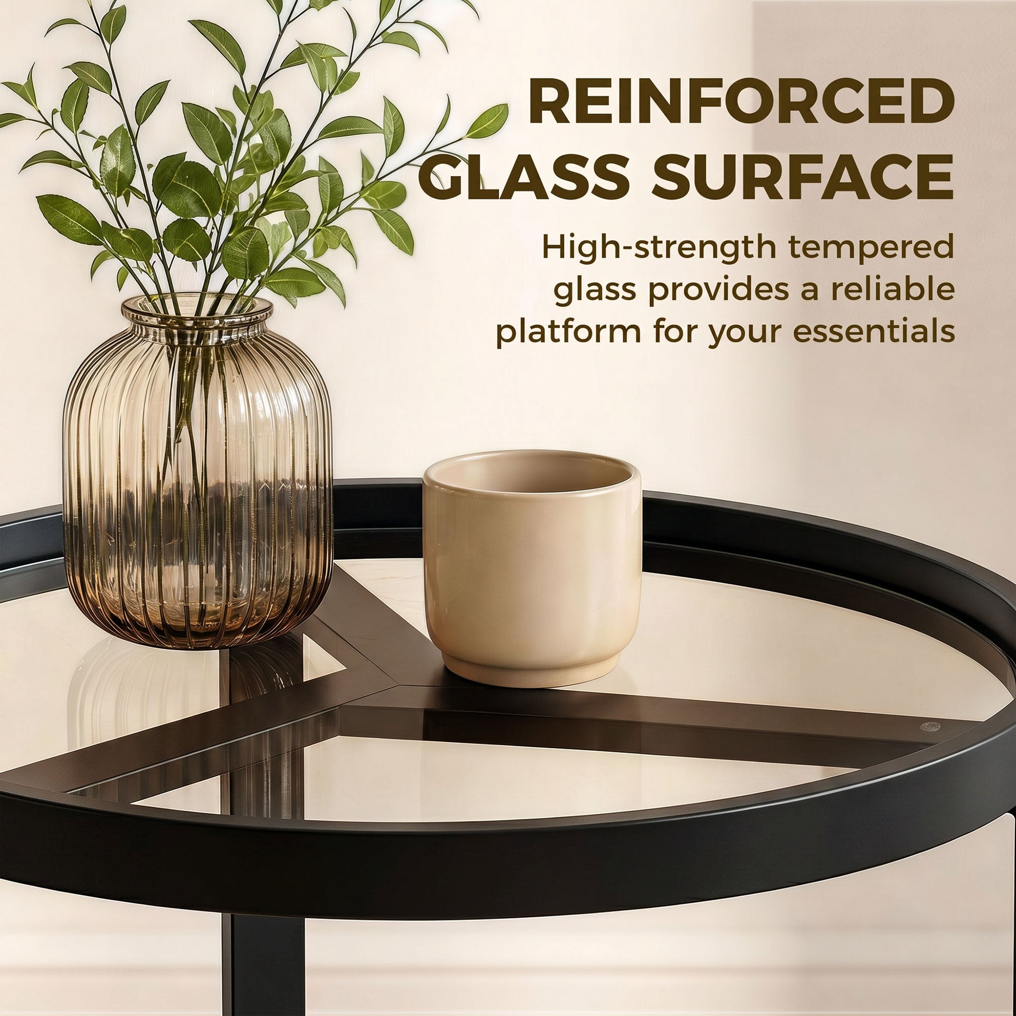 Round Side Table with Tempered Glass Top and Geometric Metal Frame for Small Space, Black