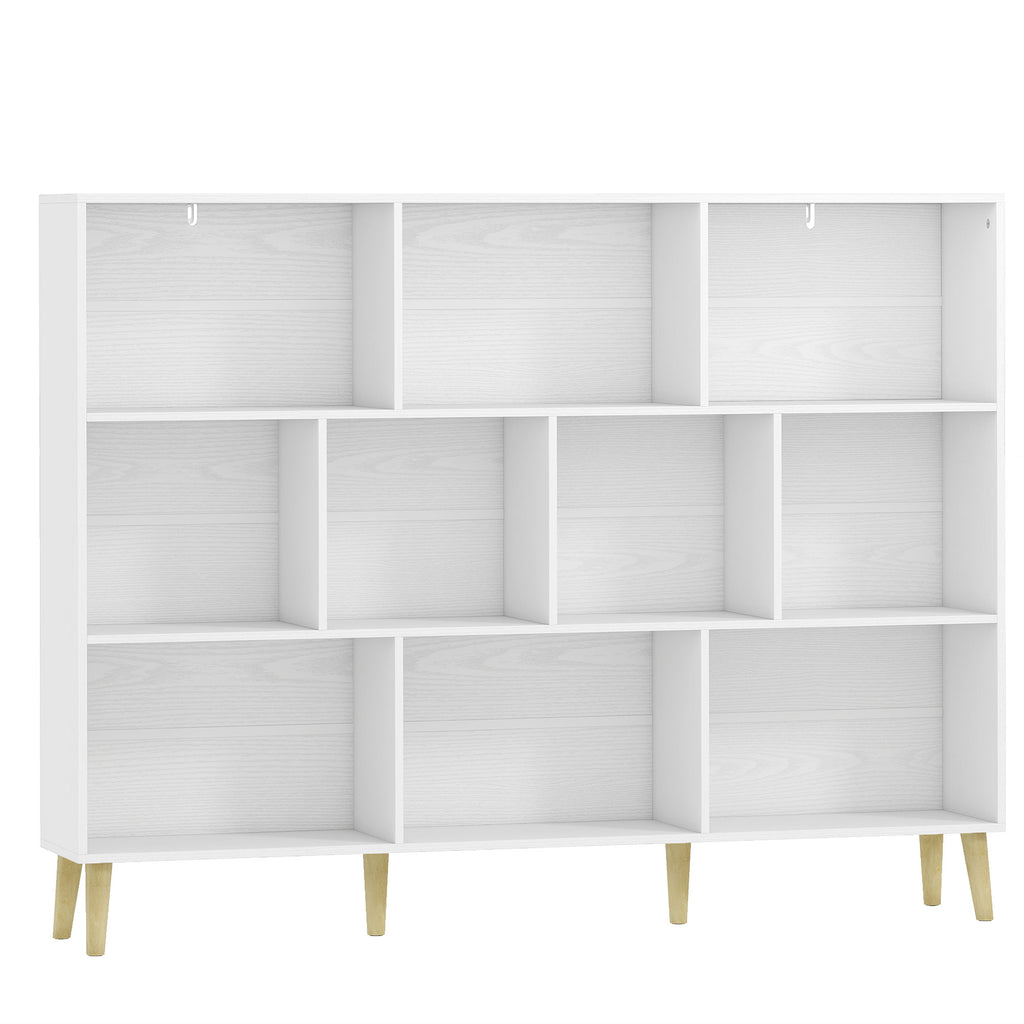 10-Cube Bookcase, 3-Tier Book Shelf with Solid Wood Legs, 140 cm Modern Bookshelf with Anti-Tip Kit for Bedroom, White