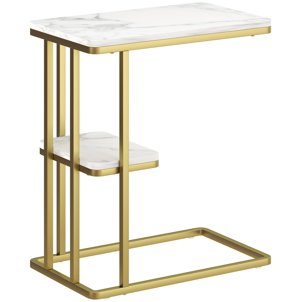 2-Tier C-Shaped Side Table with Marble-Effect Top – White & Gold