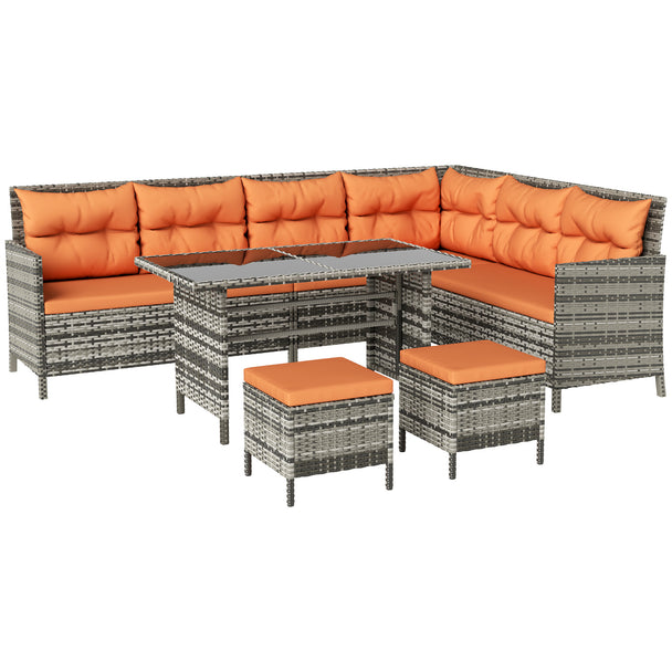 6-piece rattan corner sofa set with orange cushions, footstools and glass table