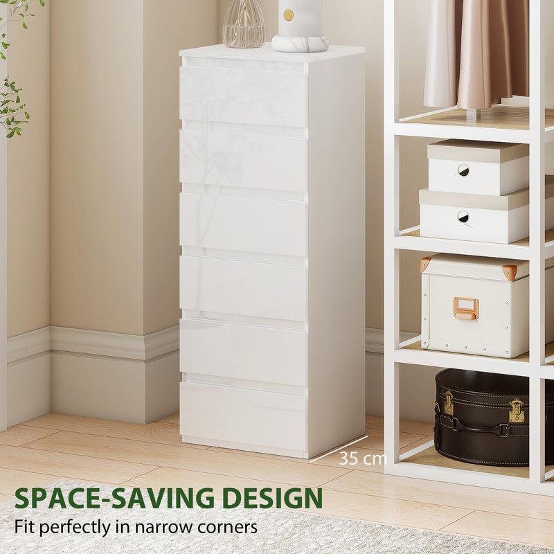 HOMCOM Chest of Drawers High Gloss Finish 6 Drawer Dresser Space Saving Slim Design Handle Free Drawers High-Gloss White – view 6