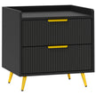 Black two-drawer bedside table with ribbed fronts, gold-tone handles and metal legs