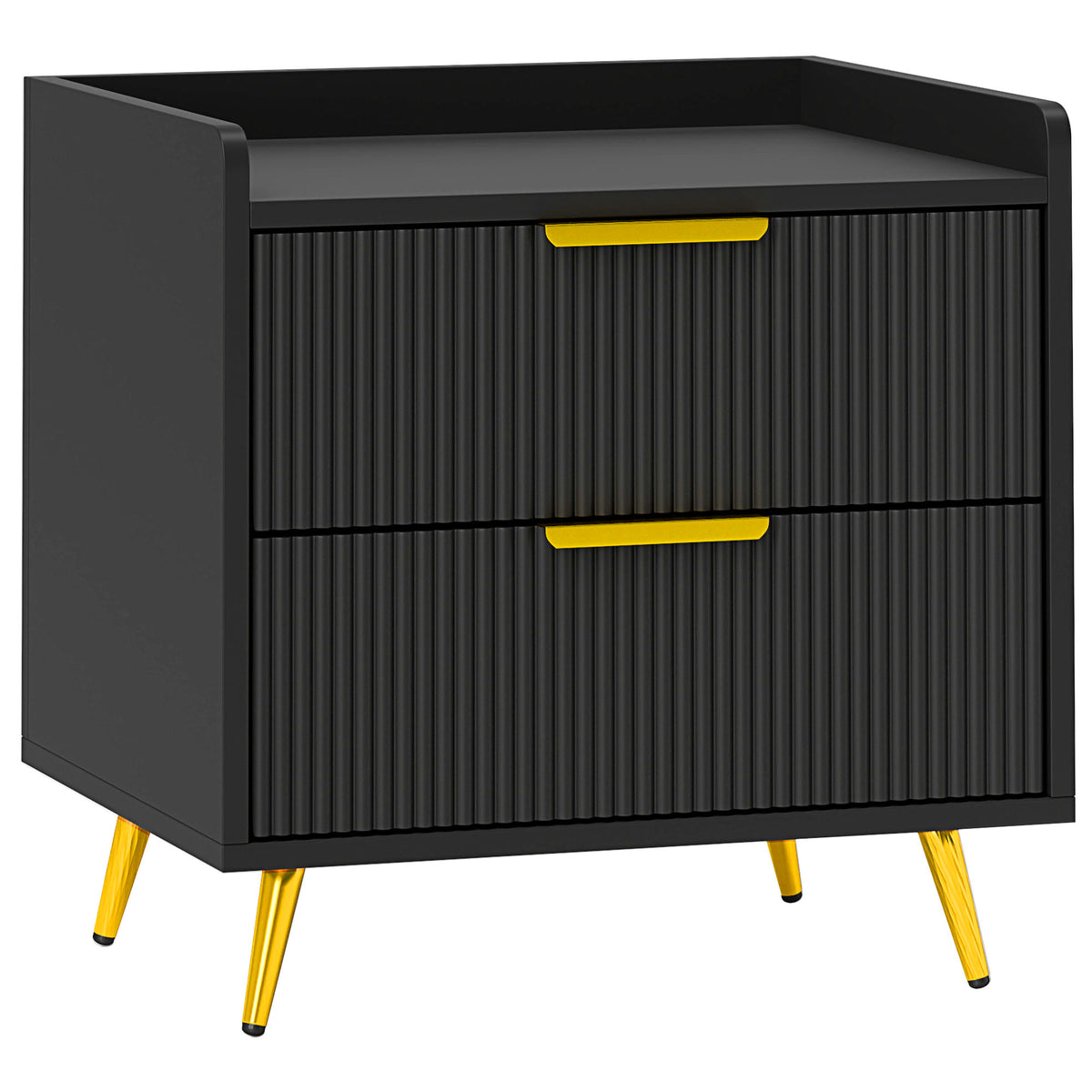 Black two-drawer bedside table with ribbed fronts, gold-tone handles and metal legs