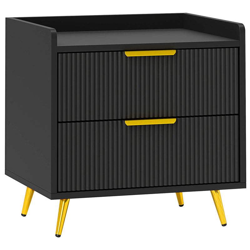Black two-drawer bedside table with ribbed fronts, gold-tone handles and metal legs