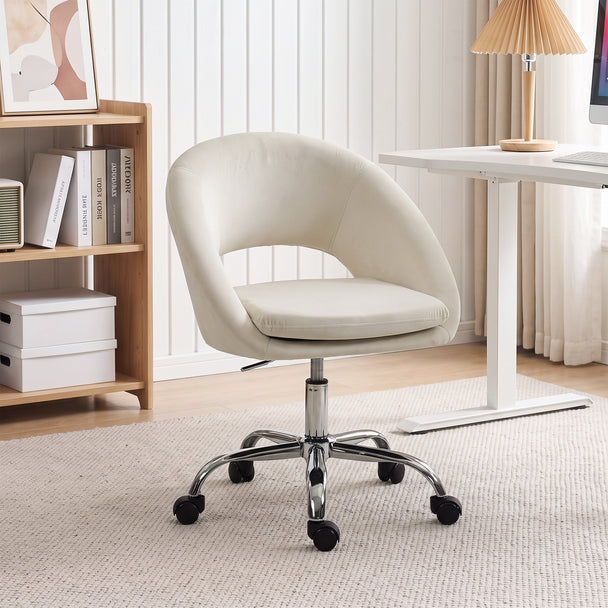 HOMCOM Velvet Desk Chair, Modern Office Chair with Height-Adjustable, Wheels, for Home Study Bedroom, Cream – view 2