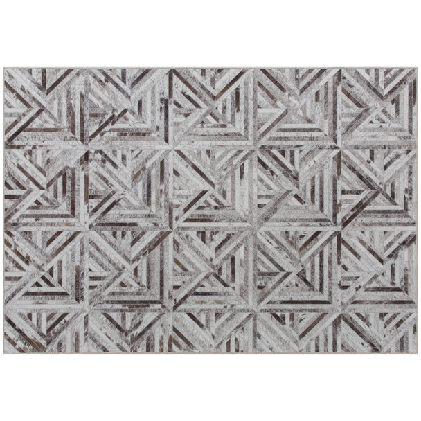 Brown chenille rug with faux leather patchwork triangle pattern, 290 x 200 cm
