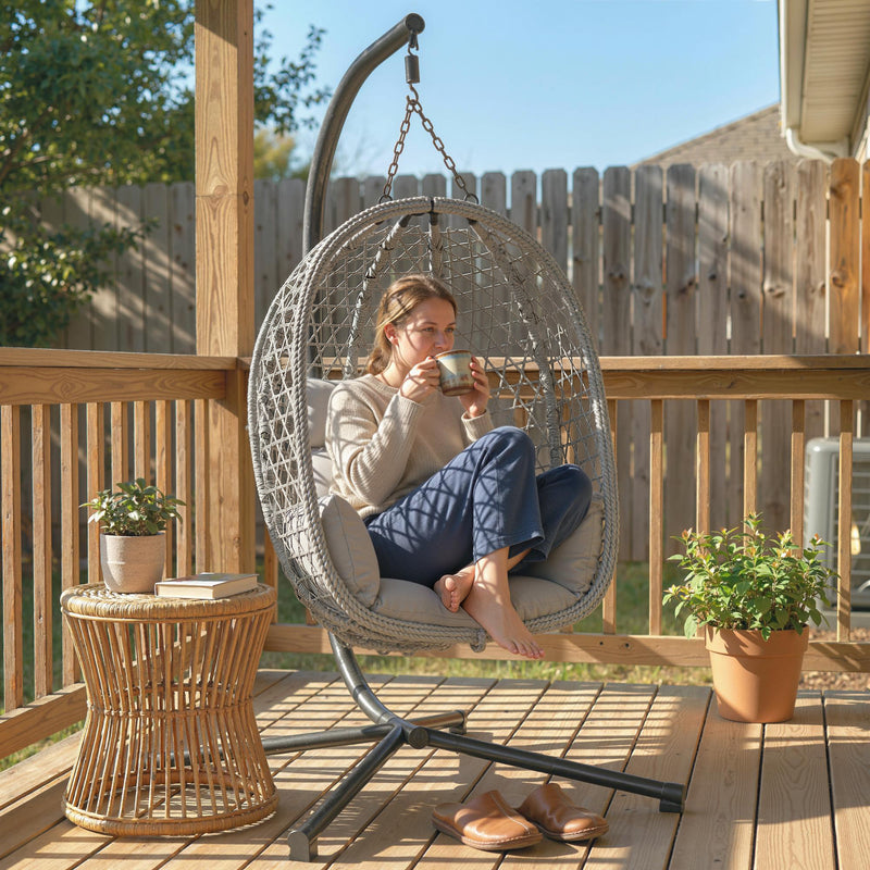 Outsunny Hanging Egg Chair, Indoor Outdoor Rattan Hammock Swing Chair with Stand, Safety Strap, Foldable Basket, Light – view 8