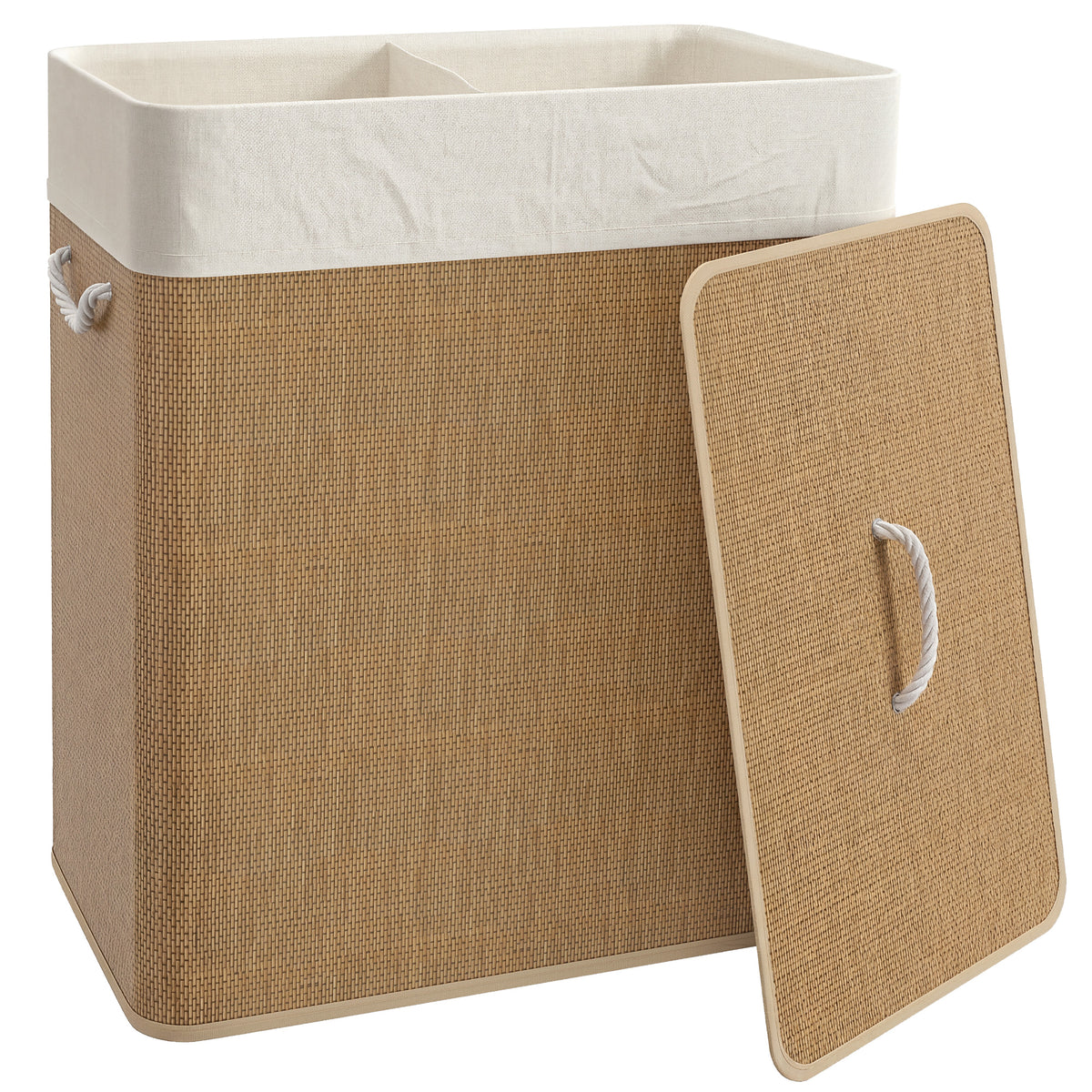 100 L brown two-section bamboo laundry basket with lid