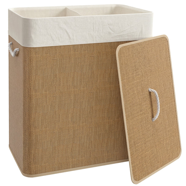 100 L brown two-section bamboo laundry basket with lid