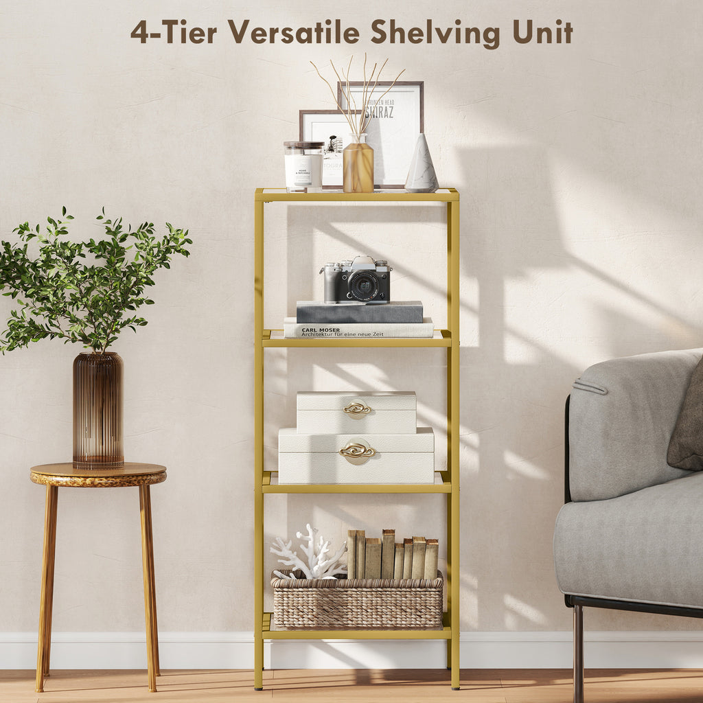4-Tier Shelving Unit, Glass Shelf, Vertical Storage Shelf for Living Room, Home Office, Bedroom, Bathroom, Gold Tone